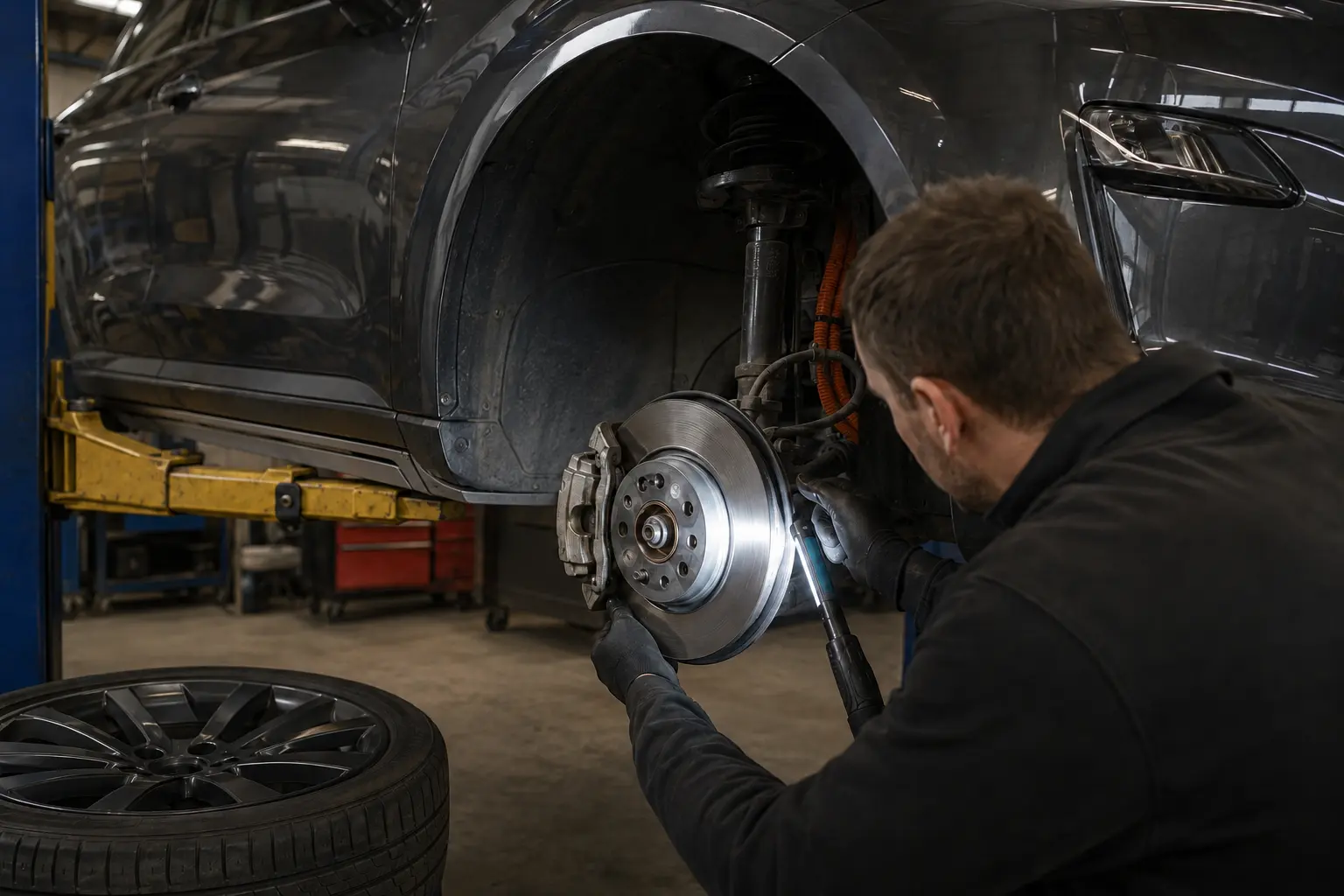 Mechanic inspecting an electric car’s brakes and suspension