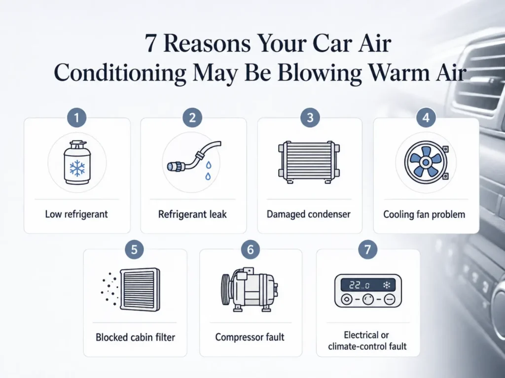 Infographic showing seven reasons a car’s air conditioning may be blowing warm air, including low refrigerant, leaks, condenser damage, fan problems, blocked cabin filter, compressor faults and climate-control faults