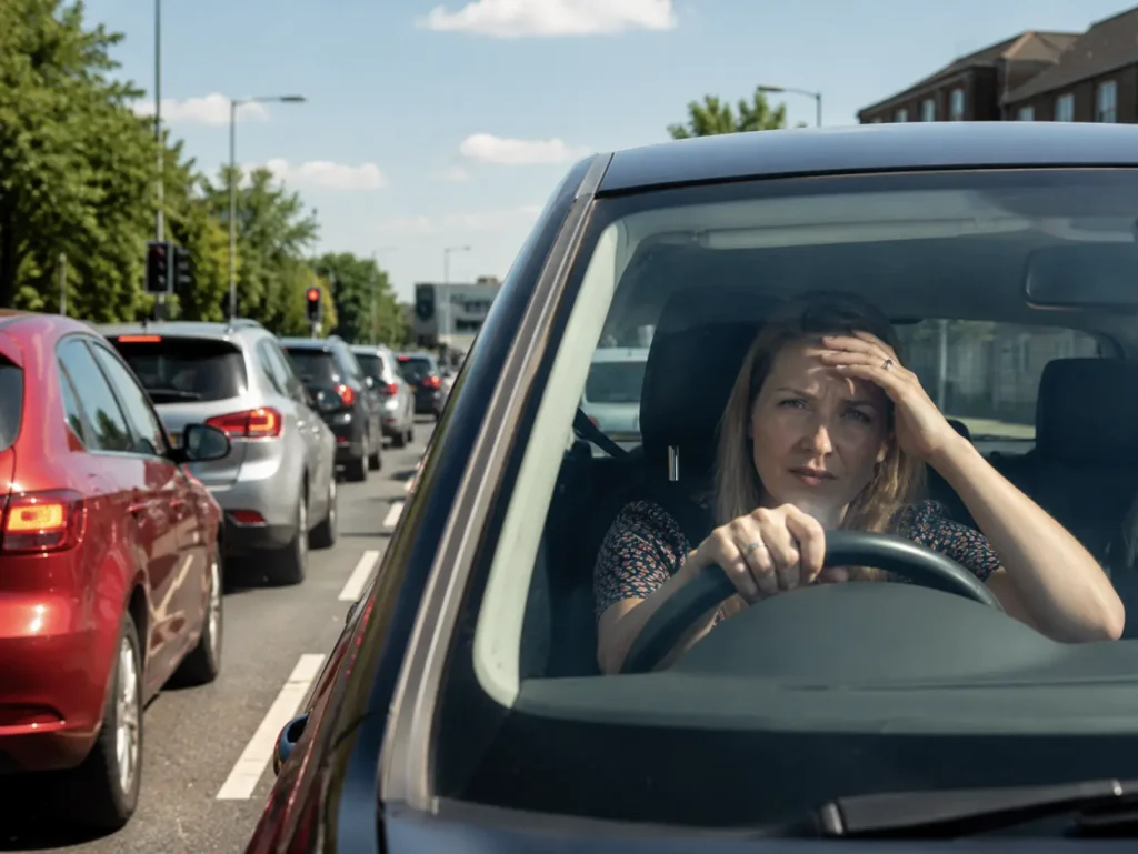 Driver sitting in slow-moving summer traffic on a hot day, illustrating a situation where car air conditioning may feel warmer when the vehicle is stationary