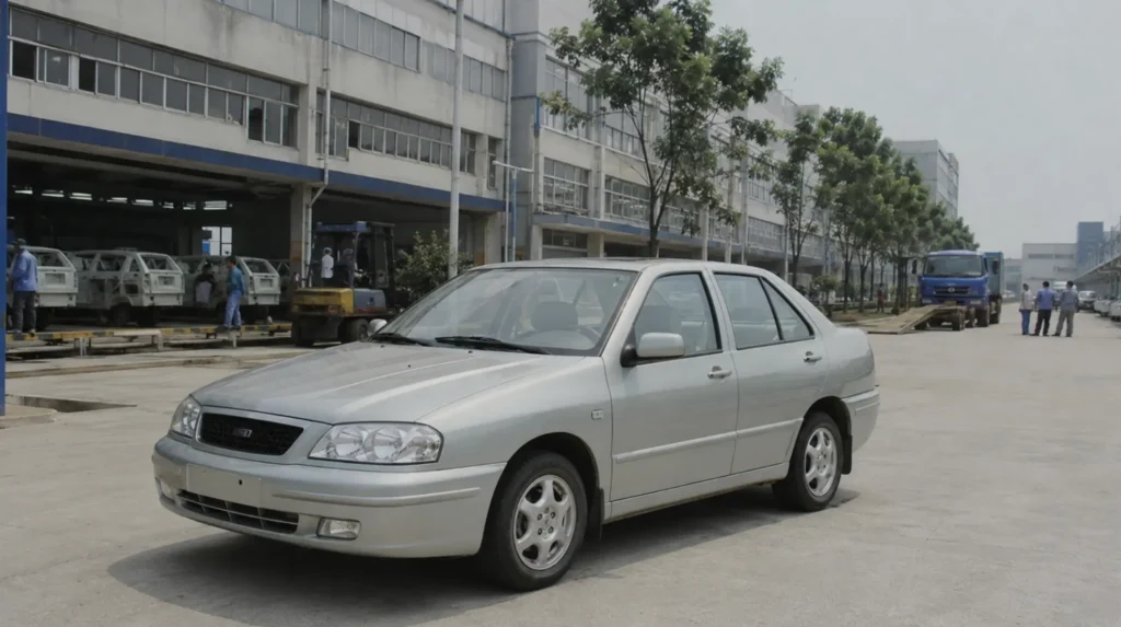 Early Chery production car outside an automotive manufacturing facility in China, reflecting the manufacturer's growth from 1997 into a global car brand.