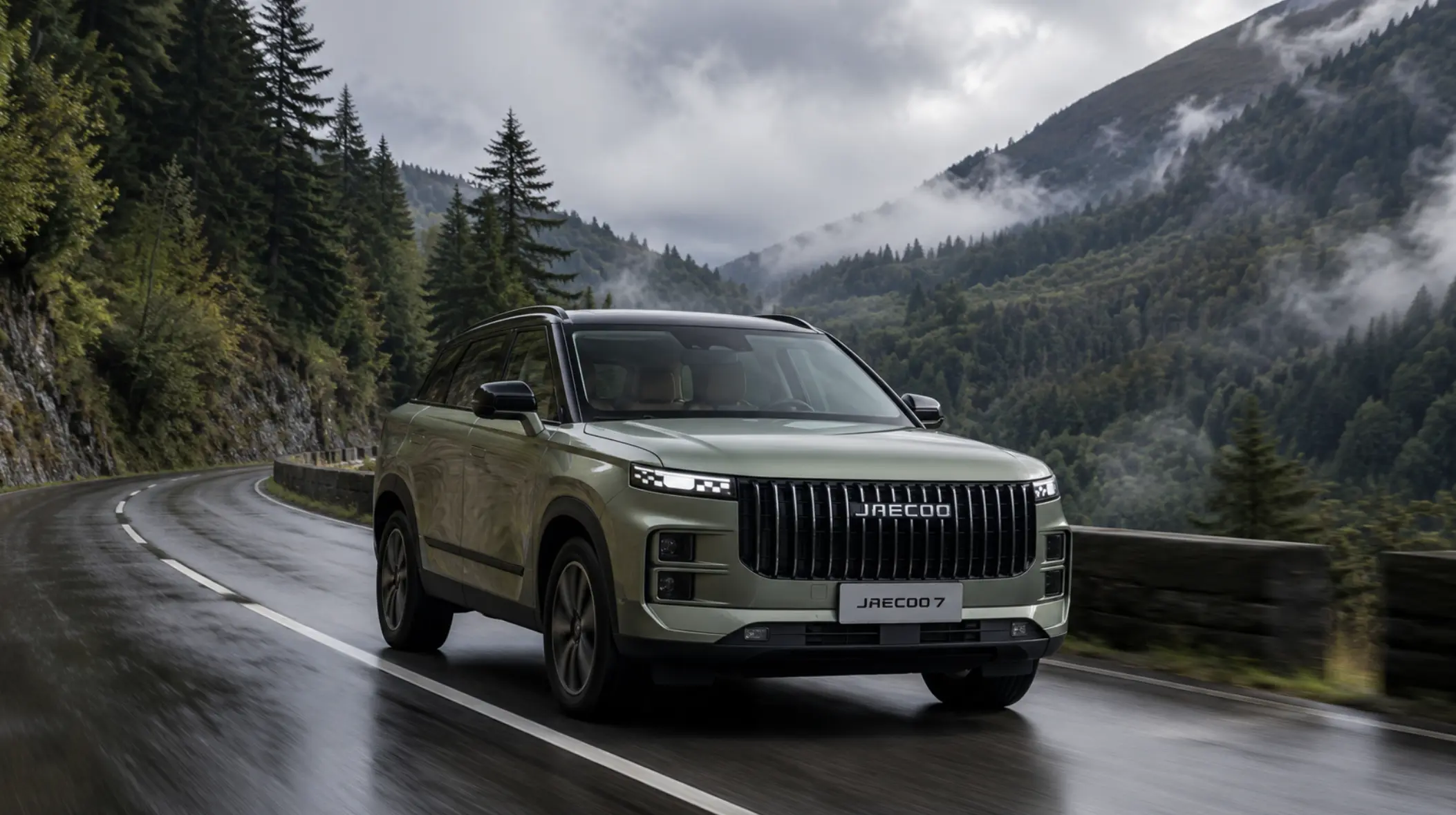 JAECOO 7 driving through a forested mountain landscape, reflecting the brand's focus on premium SUV design, technology and all-road capability.
