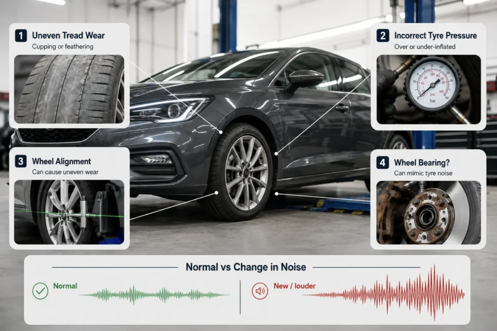 Infographic showing common causes of noisy tyres, including uneven tread wear, incorrect tyre pressure, wheel alignment and wheel bearing issues.