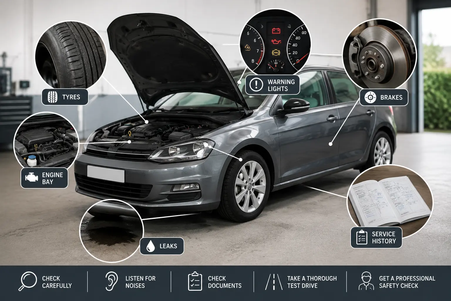 Used car inspection infographic highlighting tyres, brakes, warning lights, engine bay, leaks and service history.