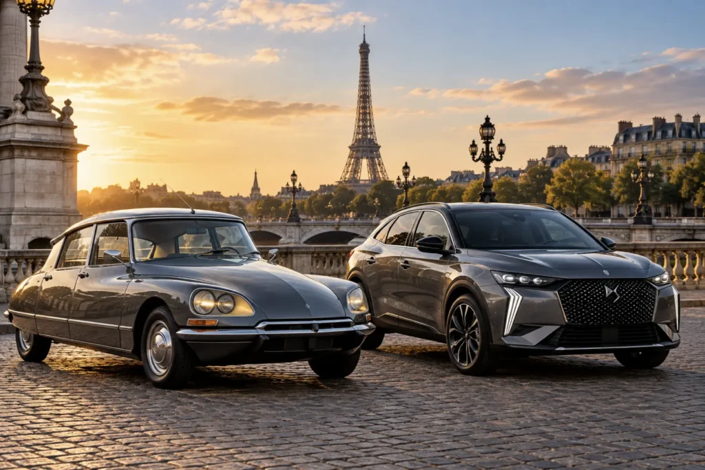 Classic Citroën DS alongside a modern DS Automobiles model in Paris, illustrating the evolution from the original 1955 DS to today’s French luxury brand.