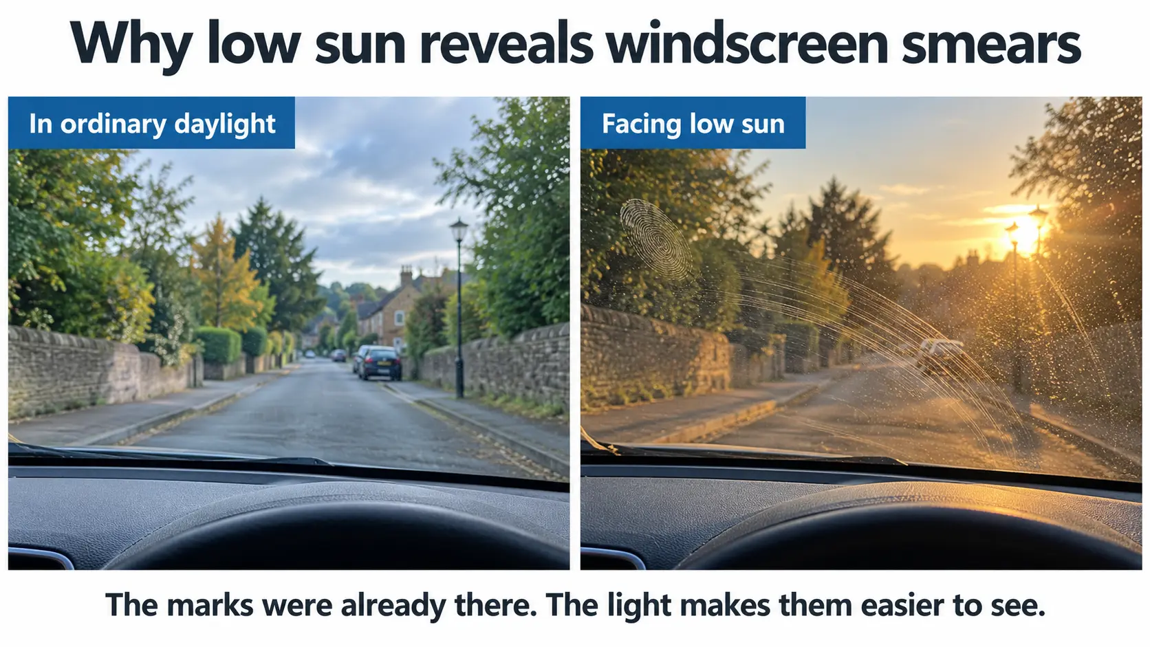 Comparison showing how low sunlight makes windscreen smears and wiper streaks more visible.