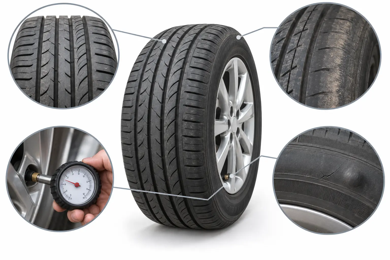 Tyre inspection guide showing tread, pressure, uneven wear and sidewall damage
