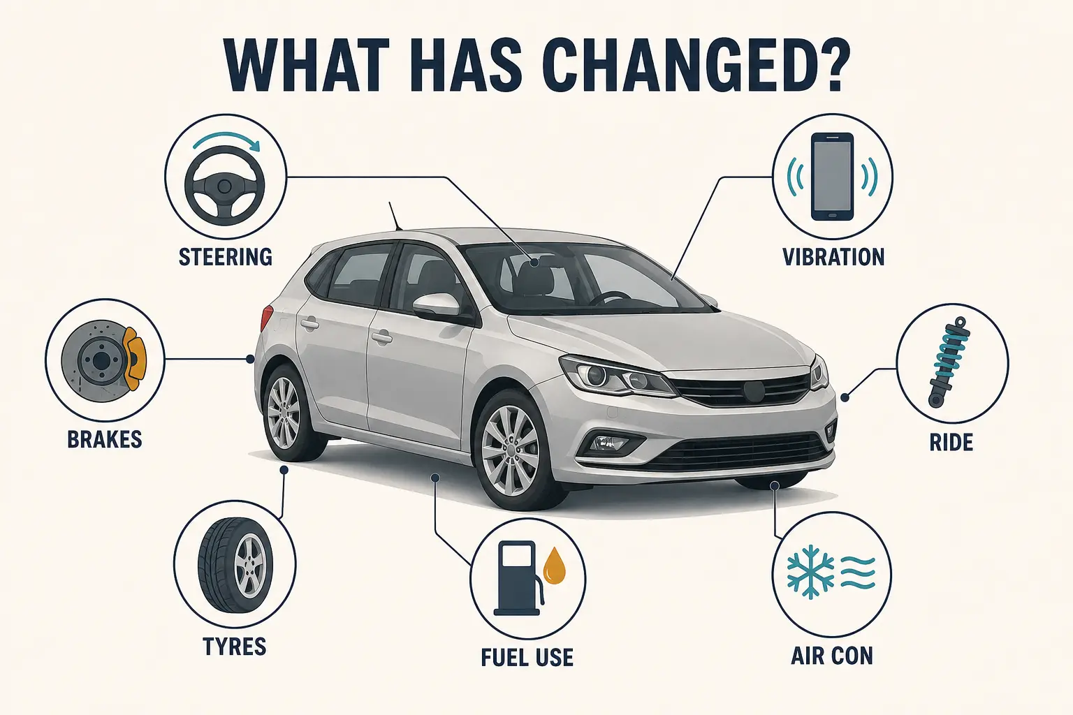 Car infographic showing changes in steering, vibration, brakes, ride, tyres, fuel use and air conditioning.