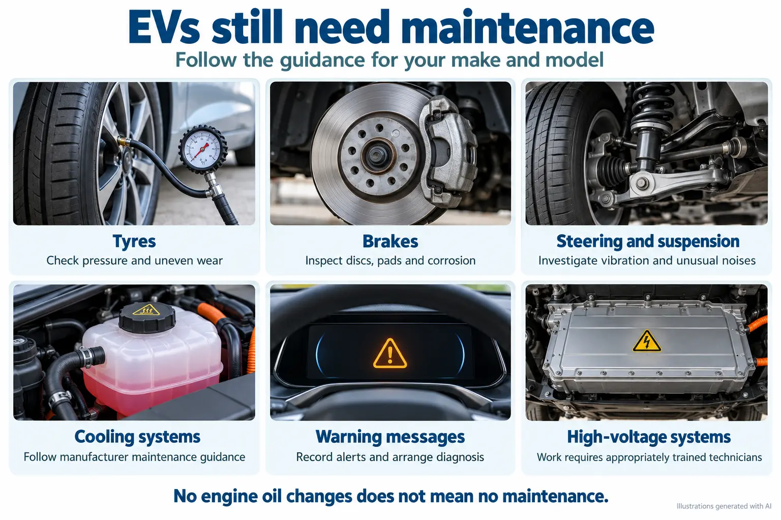 Six EV maintenance areas: tyres, brakes, steering and suspension, cooling, warning messages and high-voltage systems.