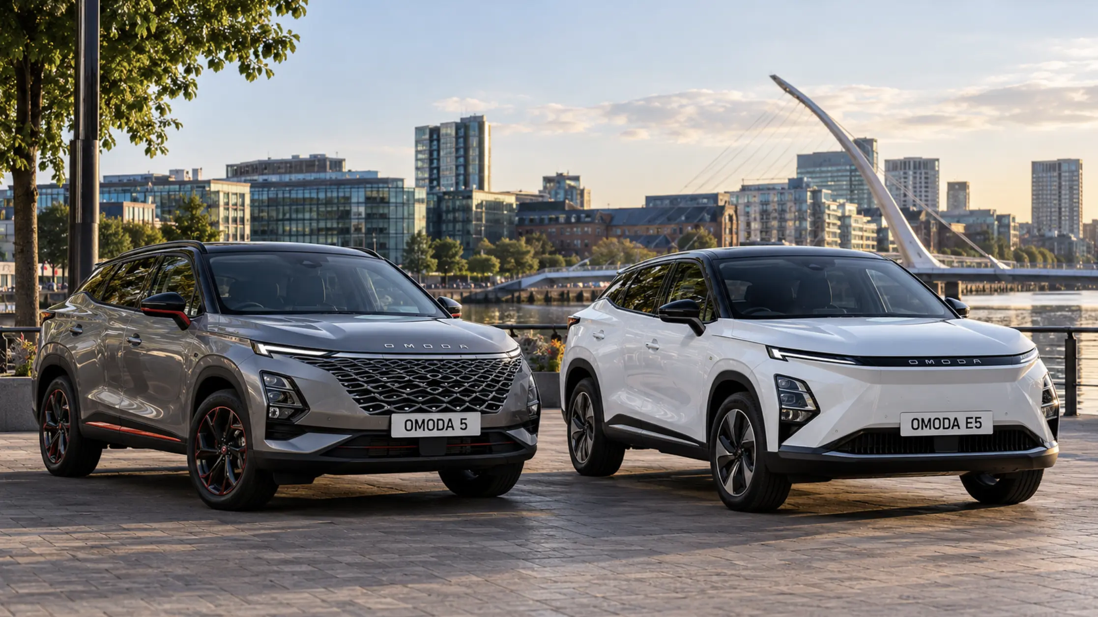 OMODA 5 and E5 models illustrating the manufacturer's modern SUV design and petrol and electric vehicle range