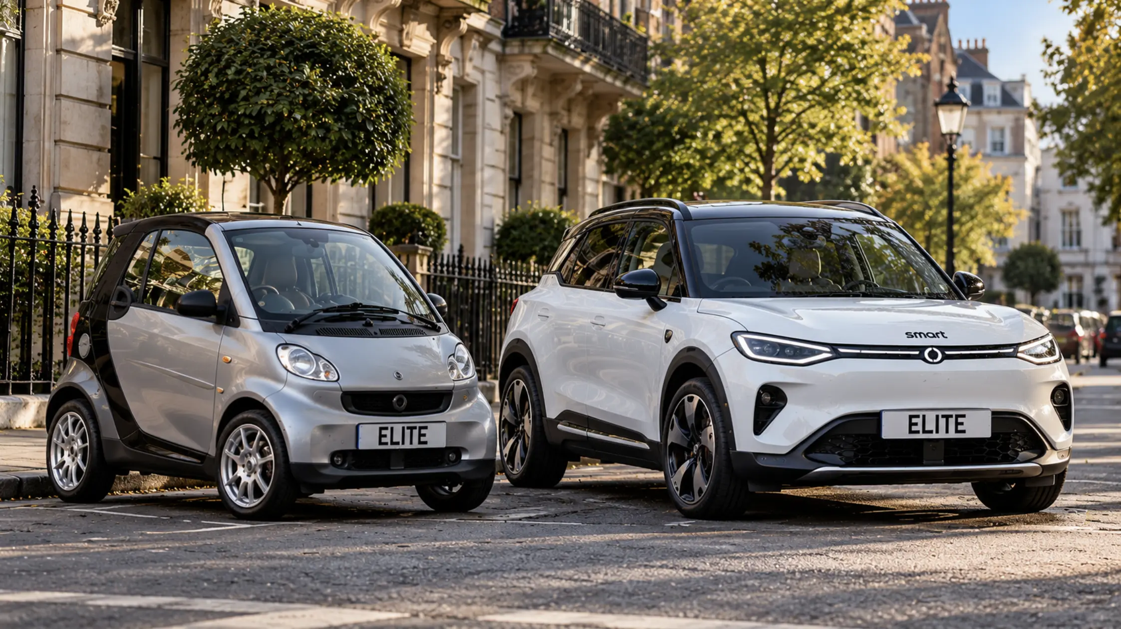 Original smart fortwo alongside a modern smart #1 electric SUV.